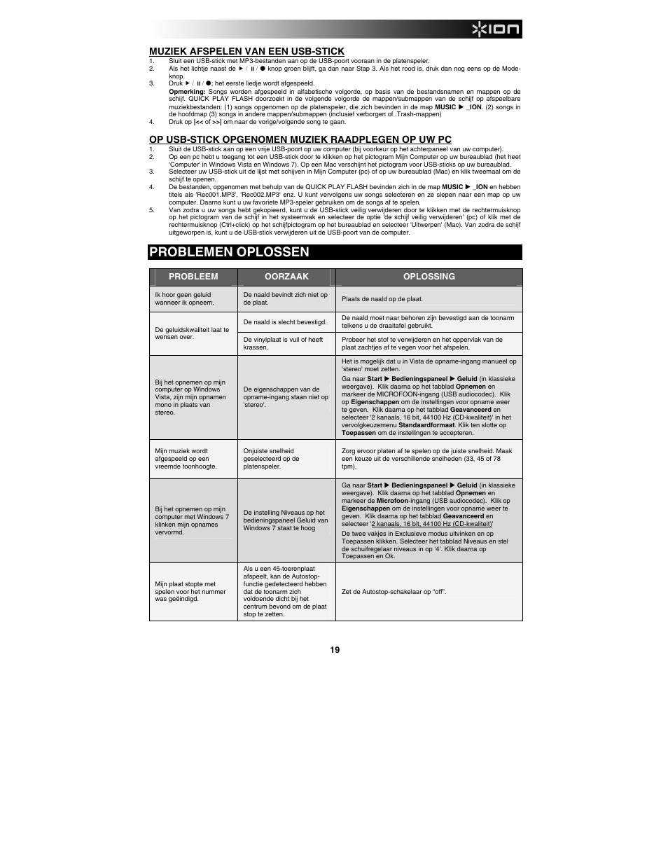 Problemen oplossen, Muziek afspelen van een usb-stick, Op usb-stick opgenomen muziek raadplegen op uw pc | ION Audio Quick Play Flash User Manual | Page 19 / 20