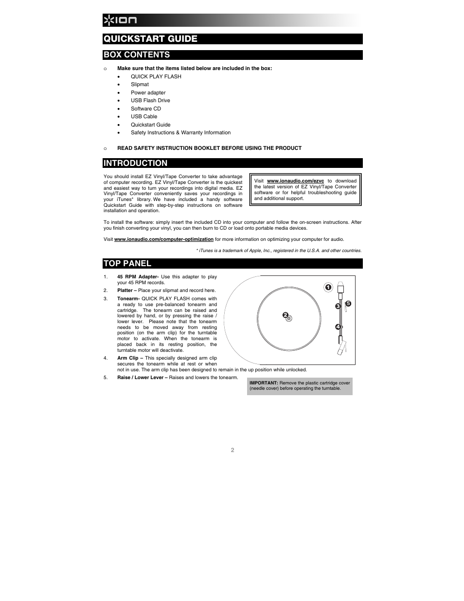 Quickstart guide, Box contents, Introduction | Top panel | ION Audio Quick Play Flash User Manual | Page 2 / 20