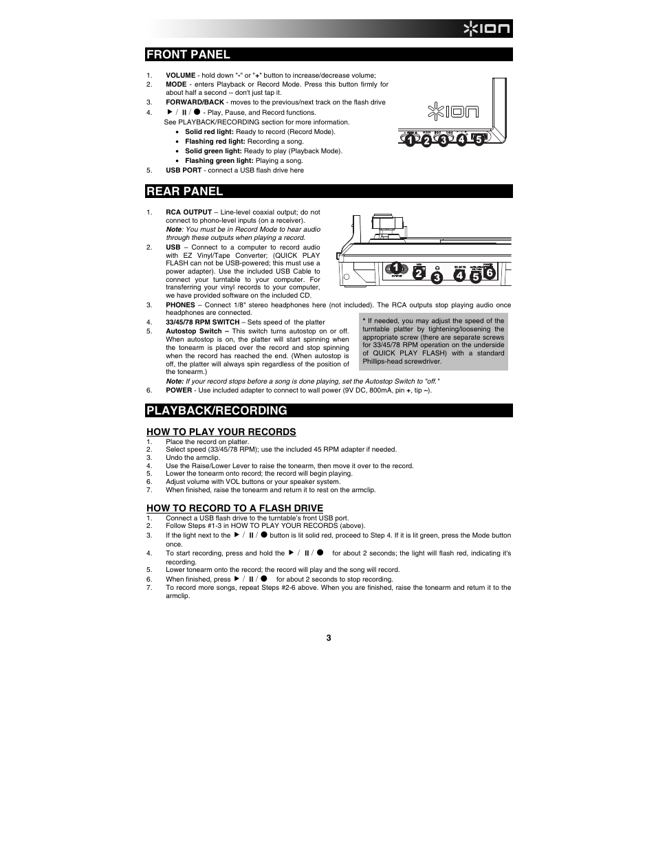 Front panel, Rear panel, Playback/recording | How to play your records, How to record to a flash drive | ION Audio Quick Play Flash User Manual | Page 3 / 20