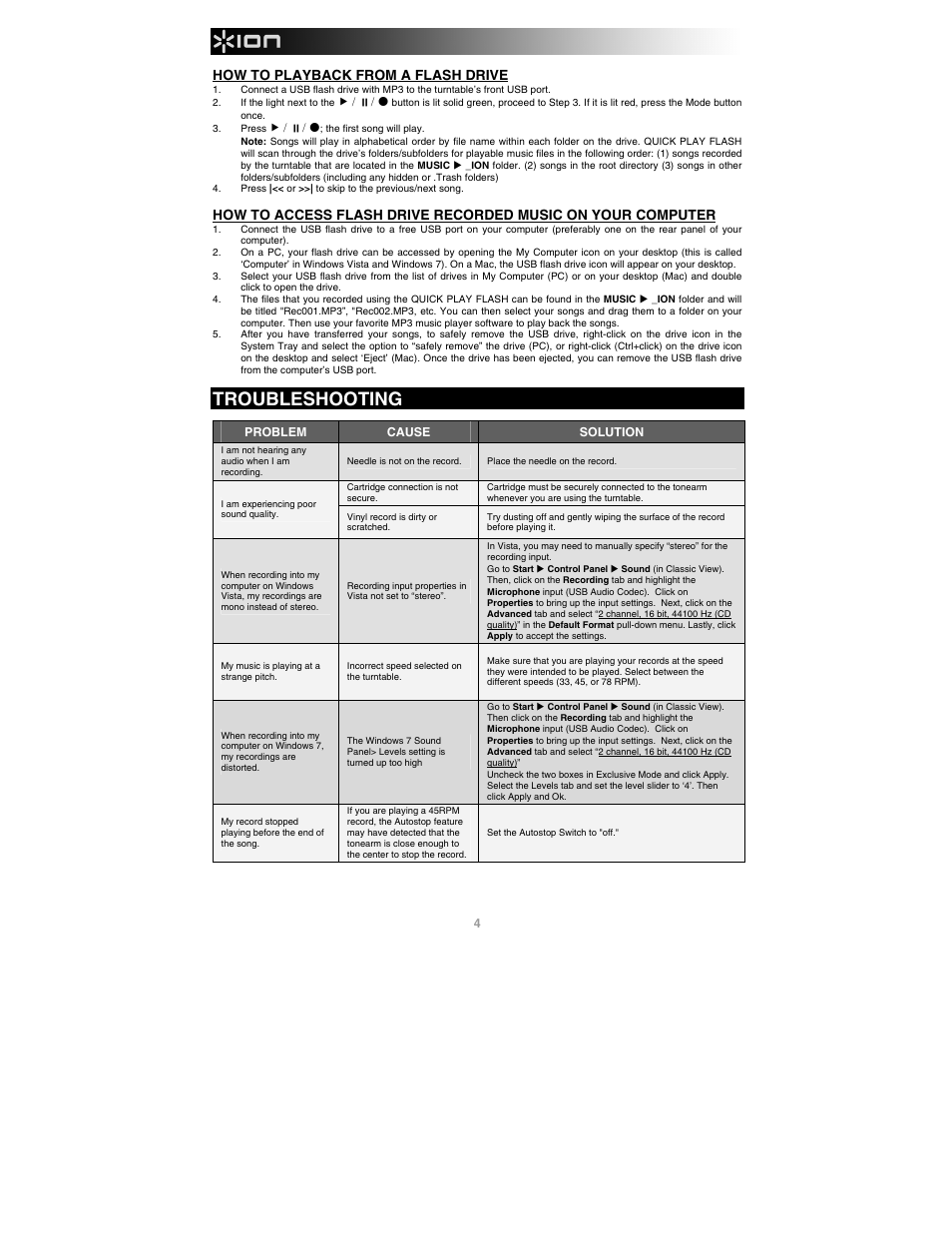 Troubleshooting, How to playback from a flash drive | ION Audio Quick Play Flash User Manual | Page 4 / 20