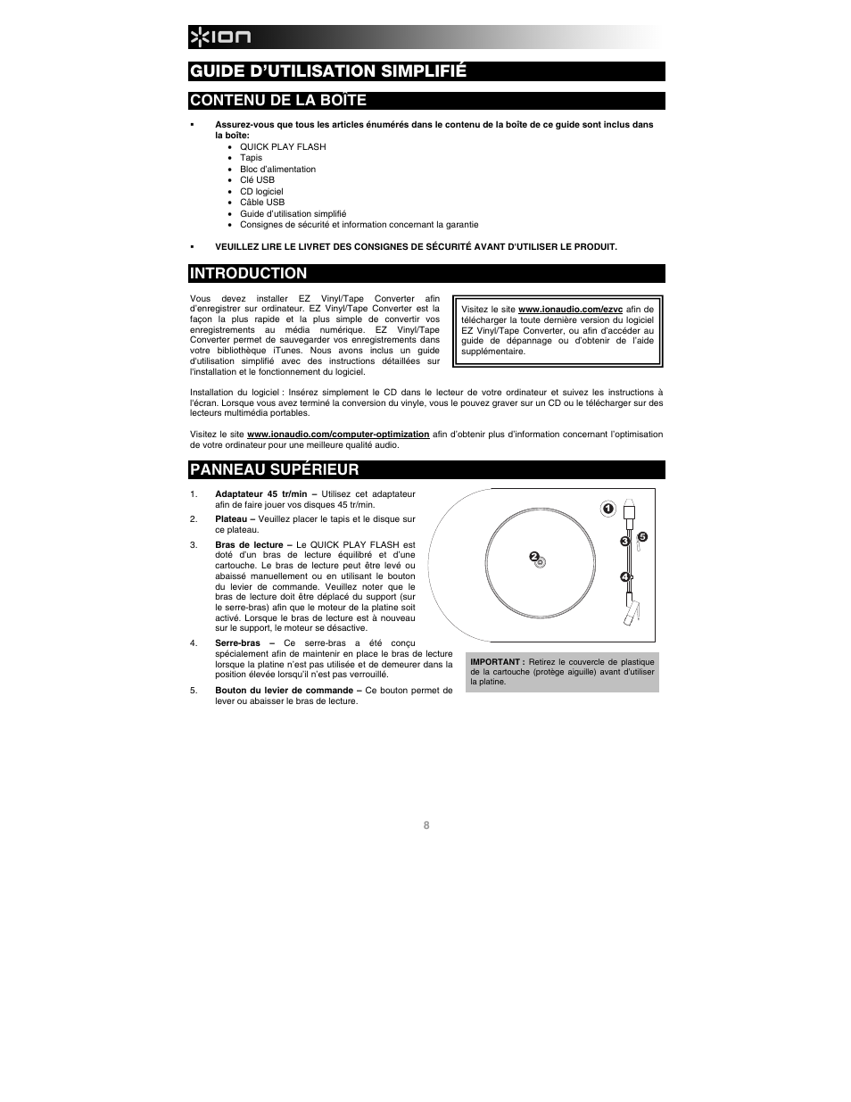 Guide d’utilisation simplifié, Contenu de la boîte, Introduction | Panneau supérieur | ION Audio Quick Play Flash User Manual | Page 8 / 20