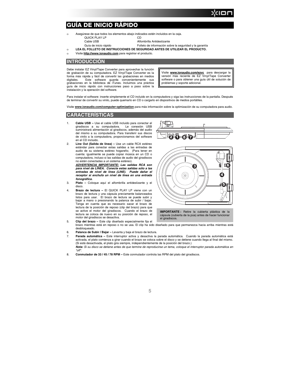 Guía de inicio rápido, Introducción, Características | ION Audio Quick Play LP User Manual | Page 5 / 16