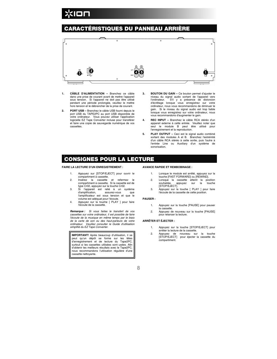 Caractéristiques du panneau arrière, Consignes pour la lecture | ION Audio Tape 2 PC User Manual | Page 10 / 24