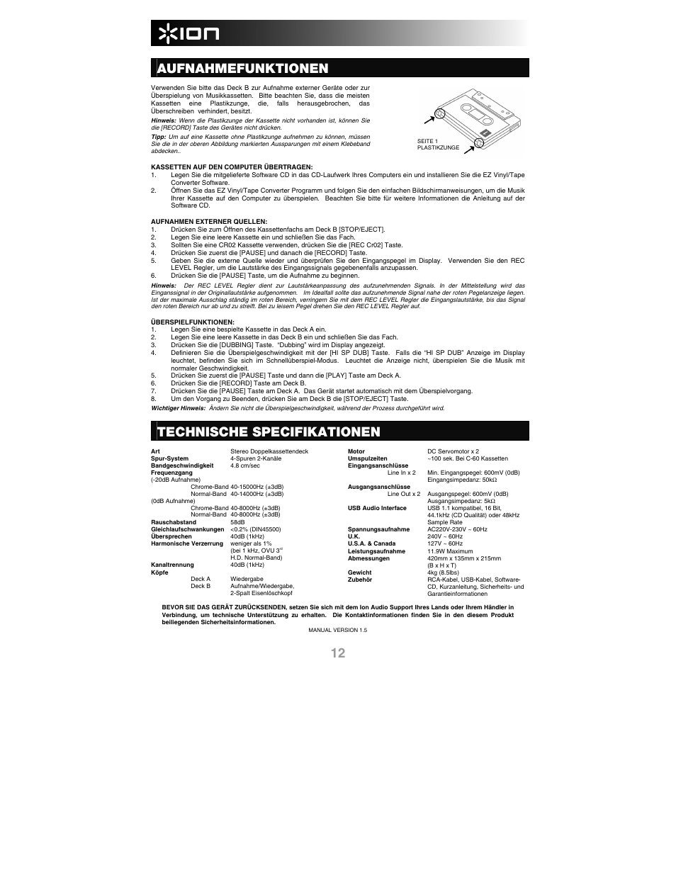 Aufnahmefunktionen, Technische specifikationen | ION Audio Tape 2 PC User Manual | Page 14 / 24