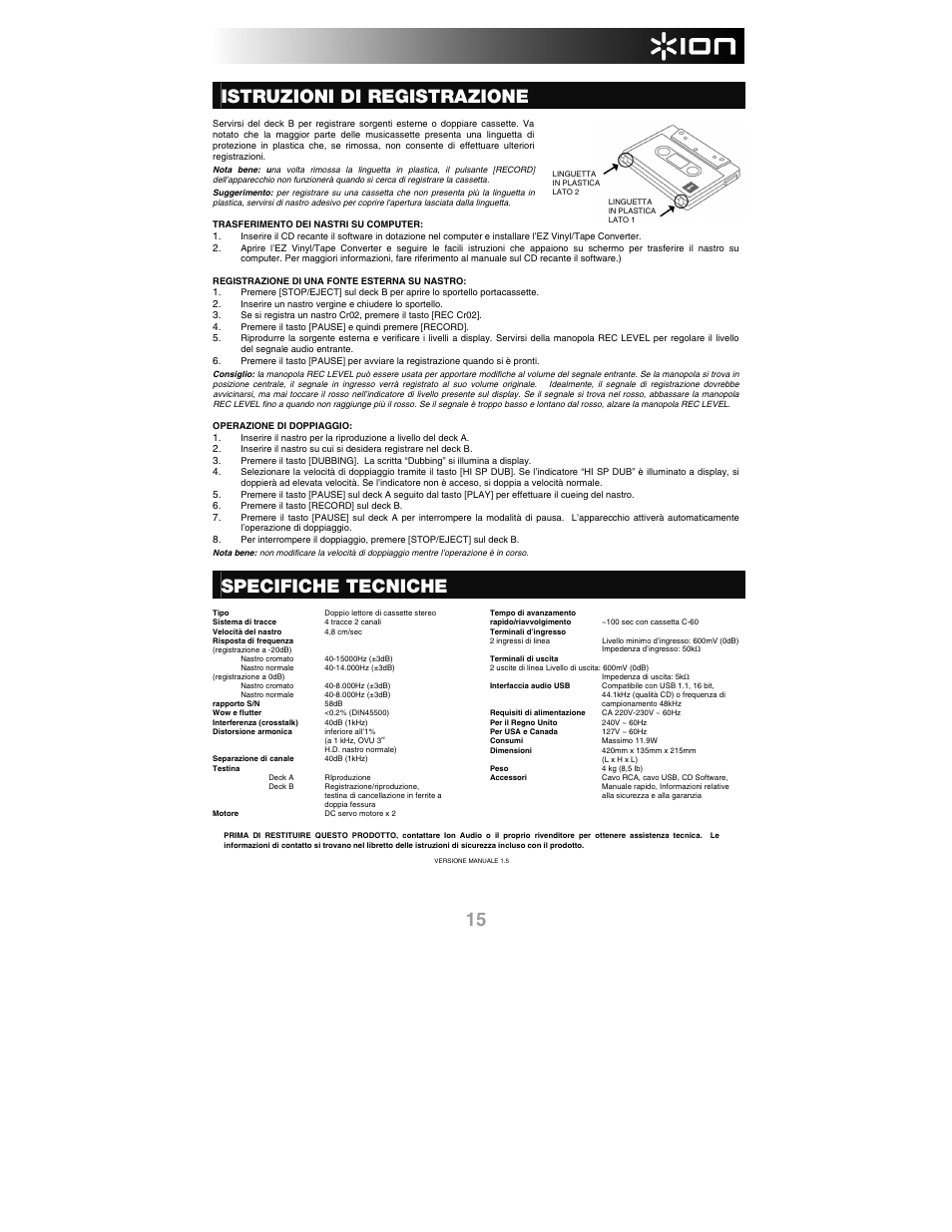 Istruzioni di registrazione, Specifiche tecniche | ION Audio Tape 2 PC User Manual | Page 17 / 24