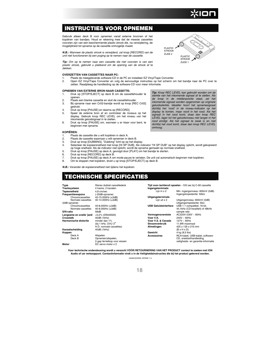 Instructies voor opnemen, Technische specificaties | ION Audio Tape 2 PC User Manual | Page 20 / 24