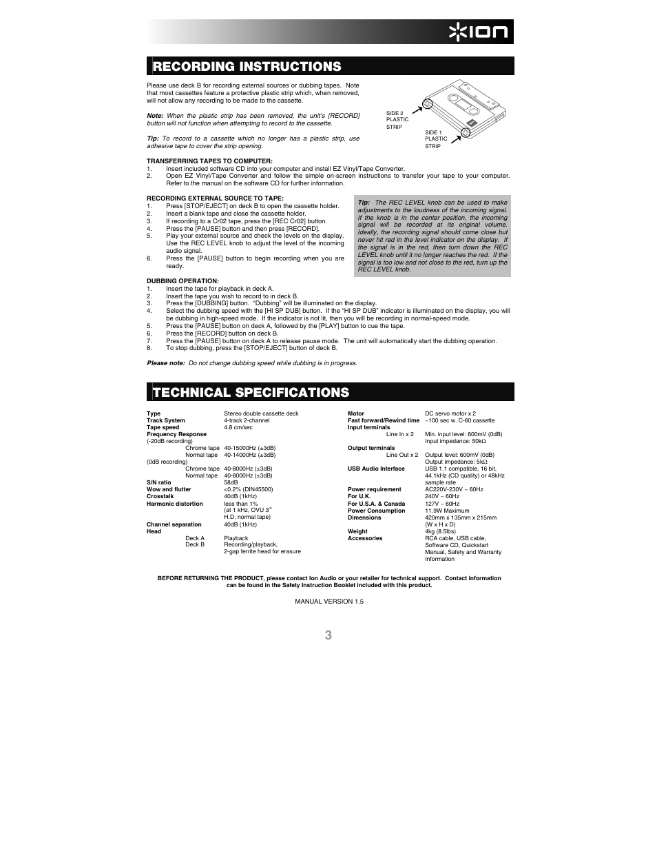 Recording instructions, Technical specifications | ION Audio Tape 2 PC User Manual | Page 5 / 24