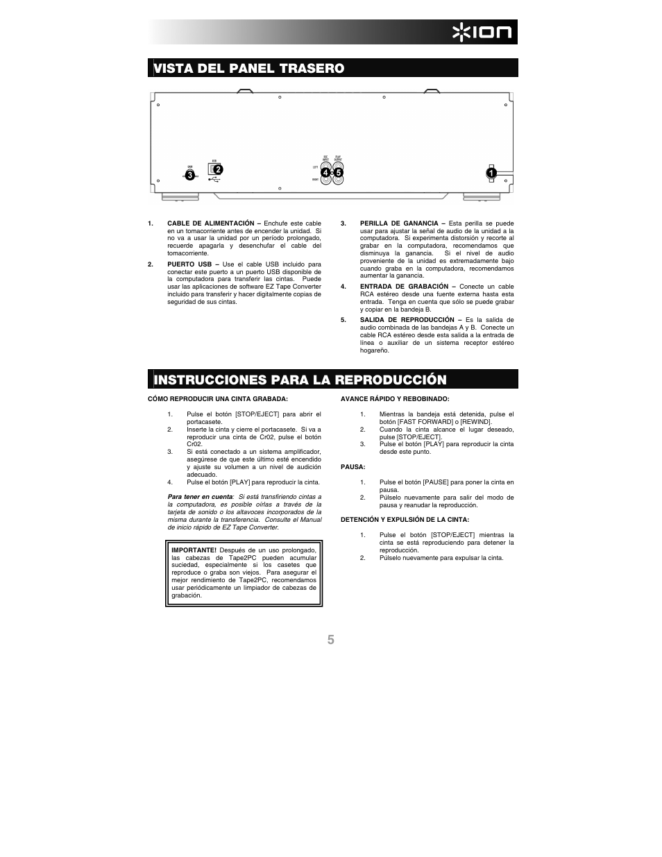 Vista del panel trasero, Instrucciones para la reproducción | ION Audio Tape 2 PC User Manual | Page 7 / 24