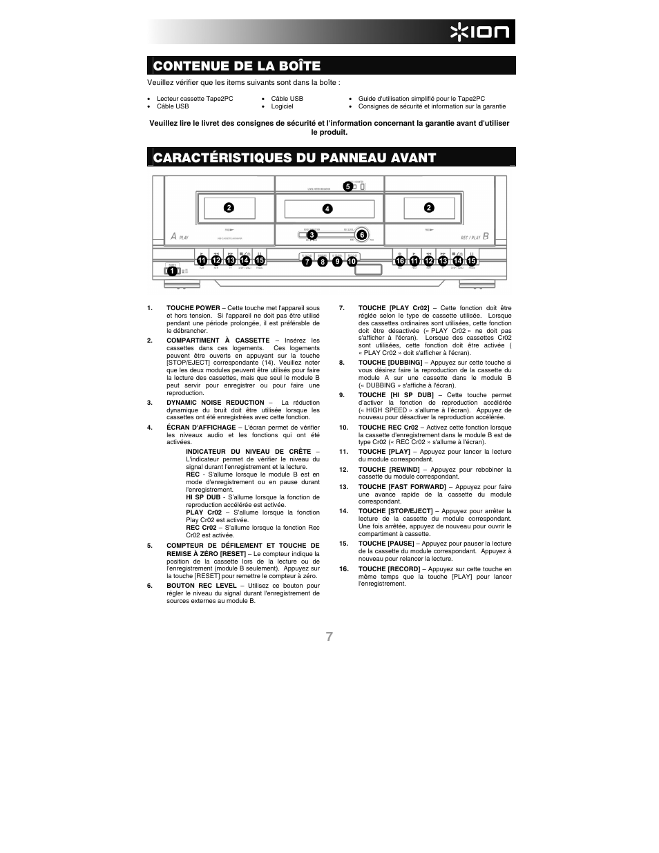 Français, Contenue de la boîte, Caractéristiques du panneau avant | ION Audio Tape 2 PC User Manual | Page 9 / 24