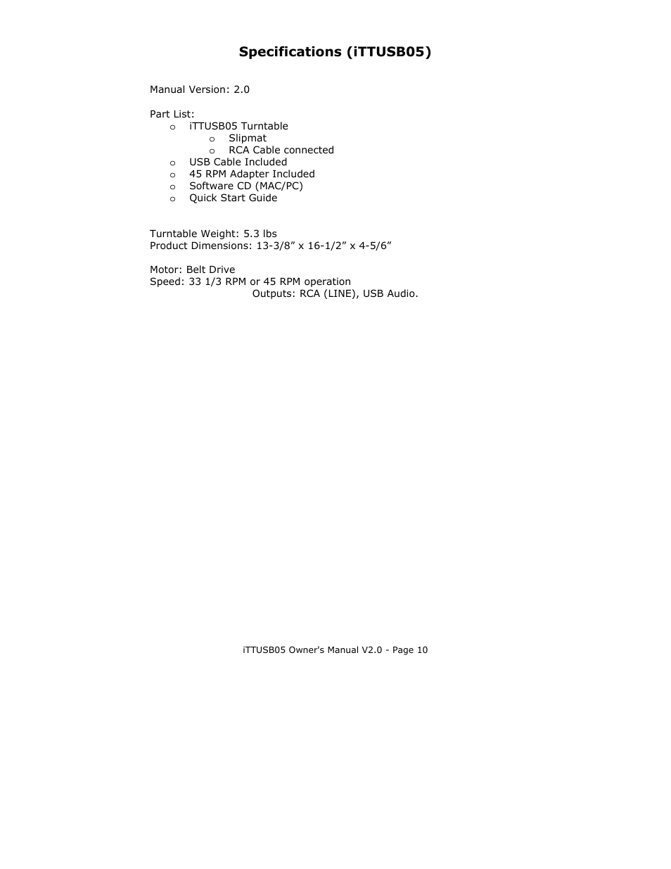 Specifications (ittusb05) | ION Audio TTUSB05 User Manual | Page 12 / 12