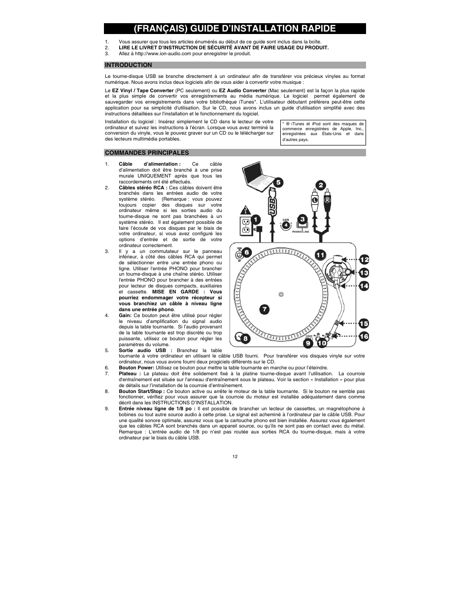 Français) guide d’installation rapide | ION Audio TTUSB10 User Manual | Page 12 / 20