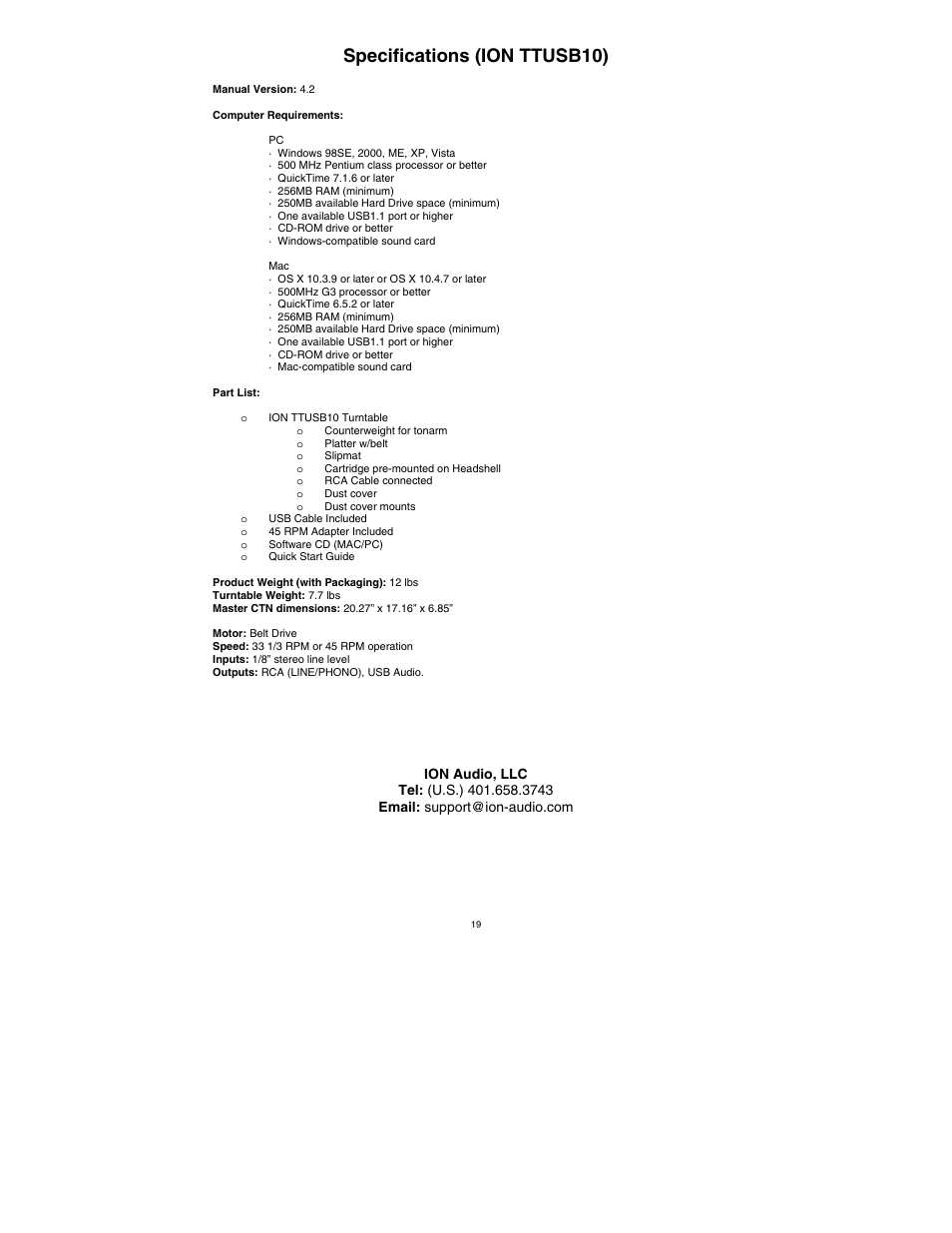 Specifications (ion ttusb10) | ION Audio TTUSB10 User Manual | Page 19 / 20