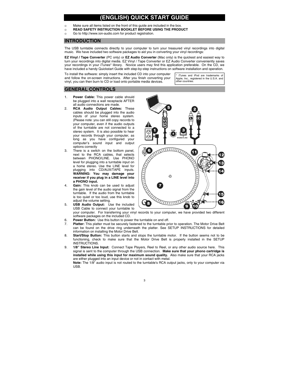English) quick start guide, Introduction, General controls | ION Audio TTUSB10 User Manual | Page 3 / 20