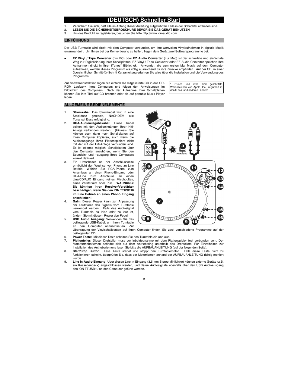 Deutsch) schneller start | ION Audio TTUSB10 User Manual | Page 9 / 20
