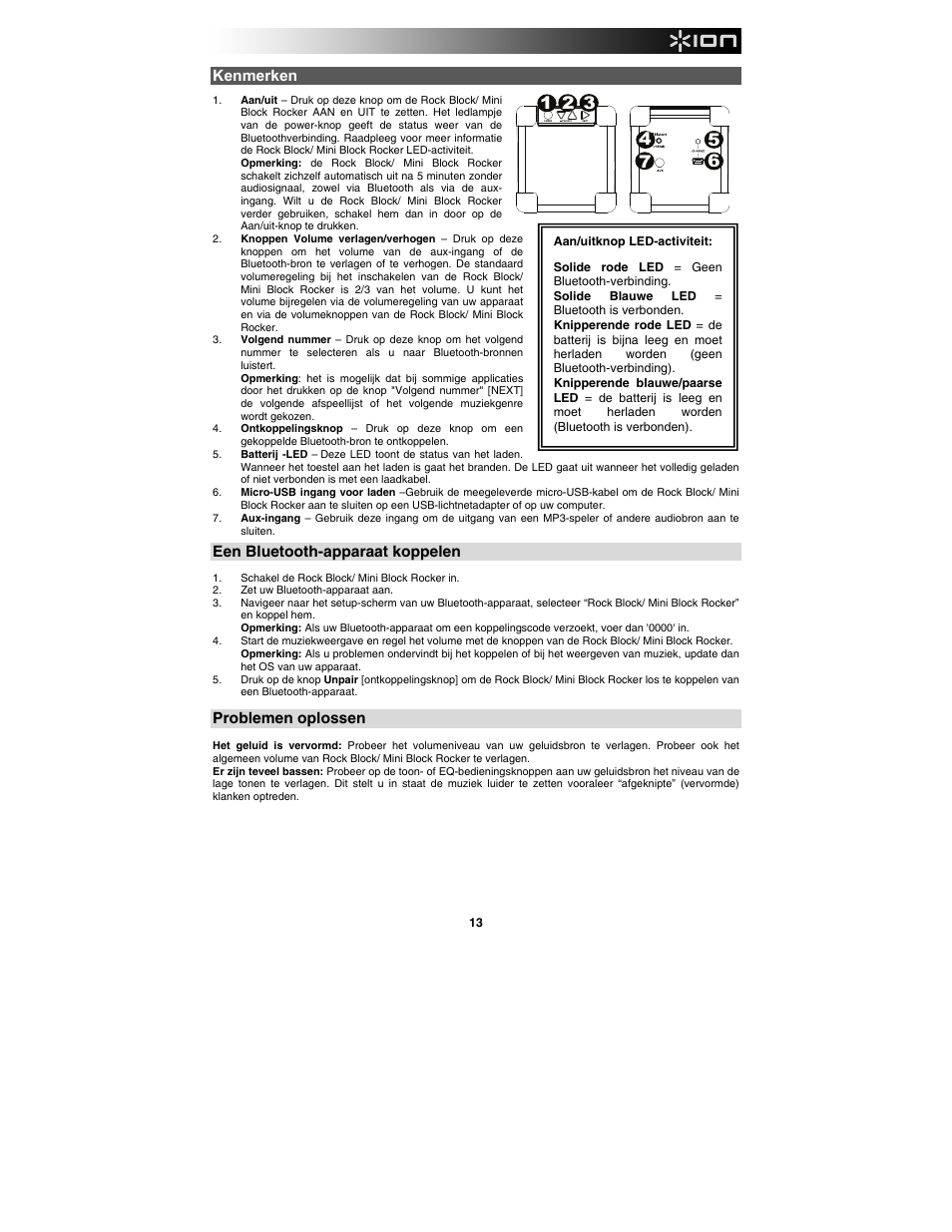 Kenmerken, Een bluetooth-apparaat koppelen, Problemen oplossen | ION Audio Rock Block User Manual | Page 13 / 19