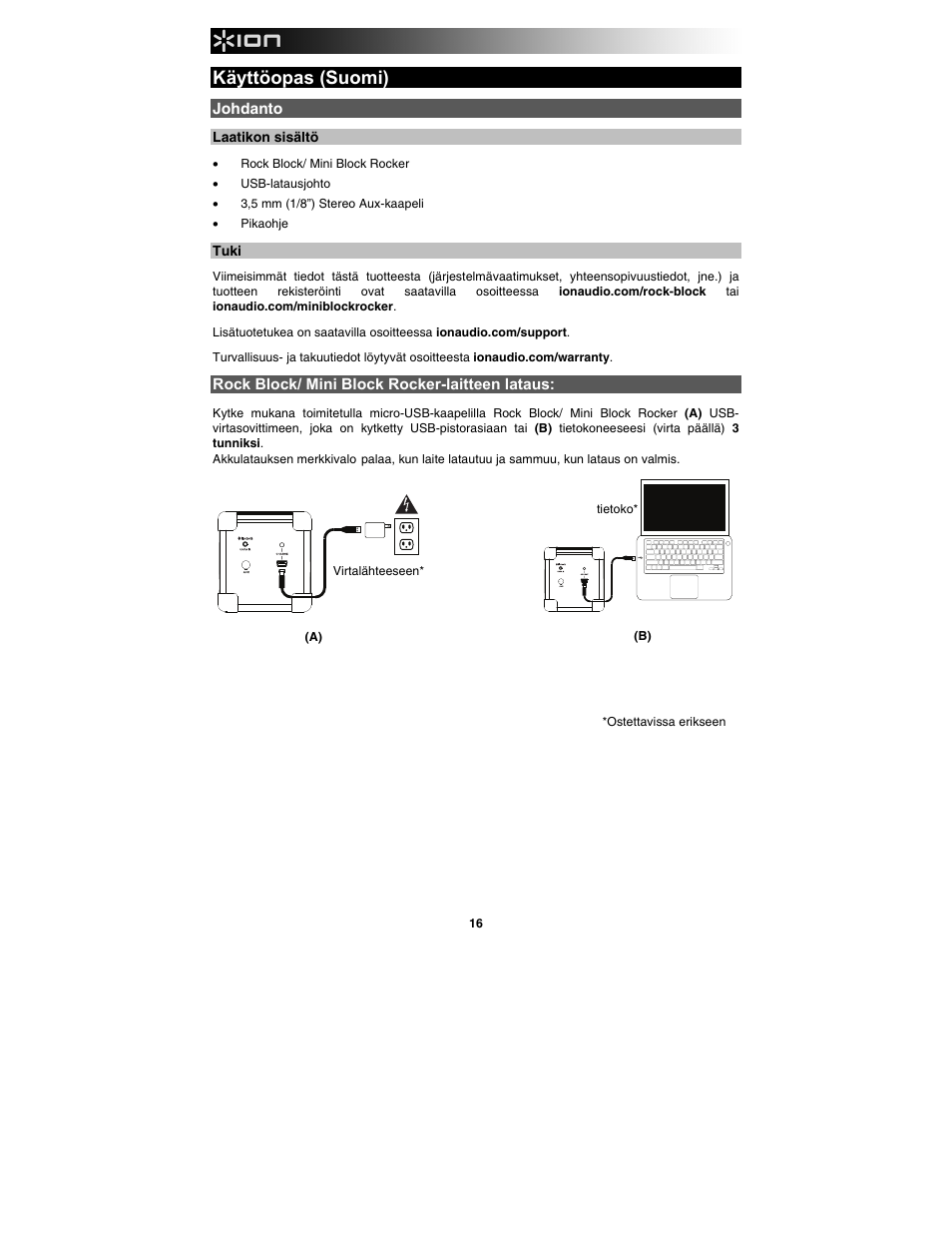 Käyttöopas (suomi) | ION Audio Rock Block User Manual | Page 16 / 19