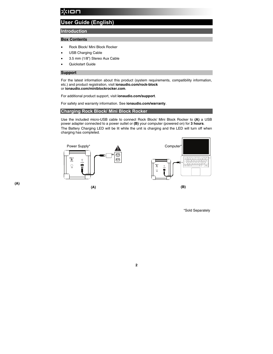 User guide (english), Introduction, Charging rock block/ mini block rocker | ION Audio Rock Block User Manual | Page 2 / 19