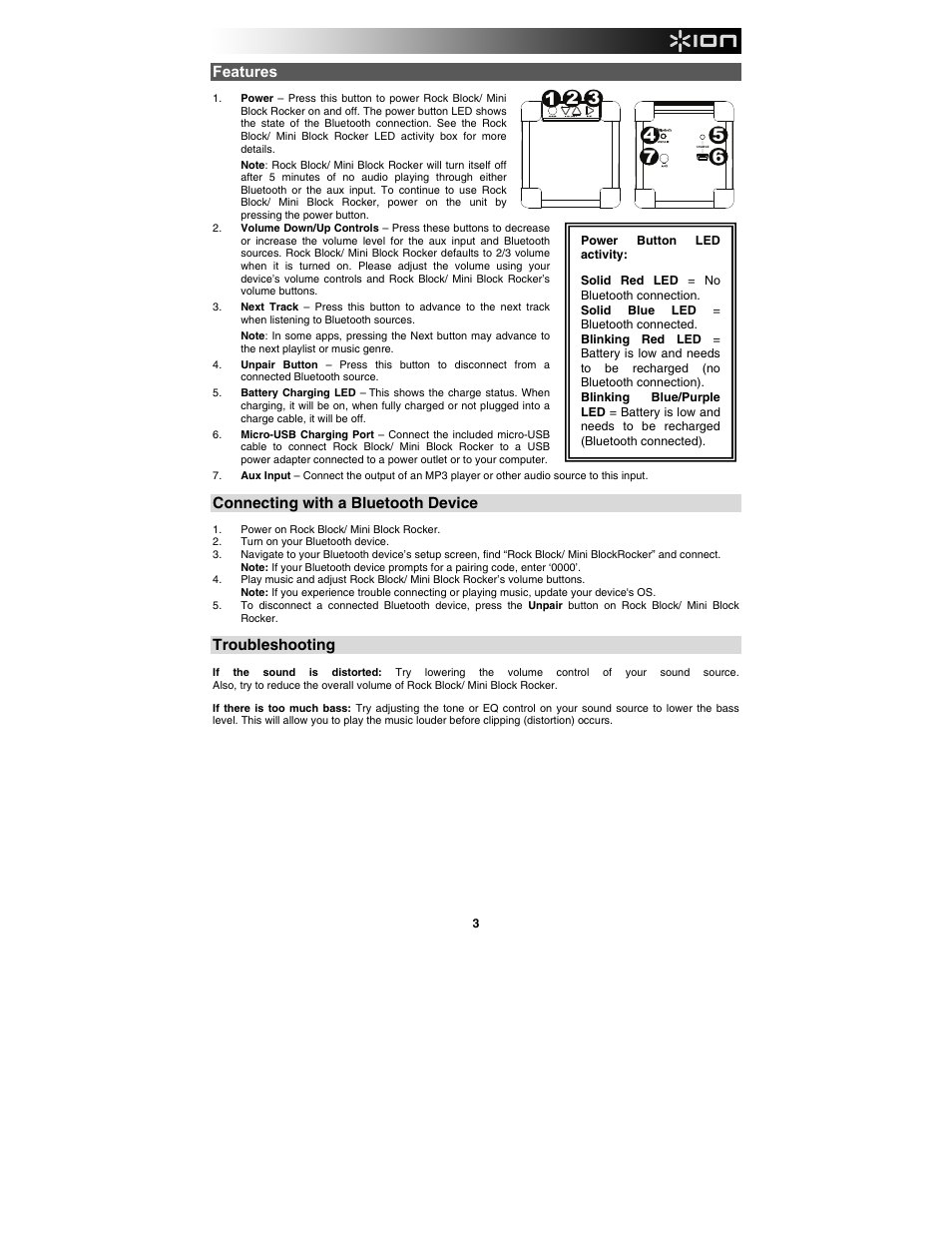 Features, Connecting with a bluetooth device, Troubleshooting | ION Audio Rock Block User Manual | Page 3 / 19