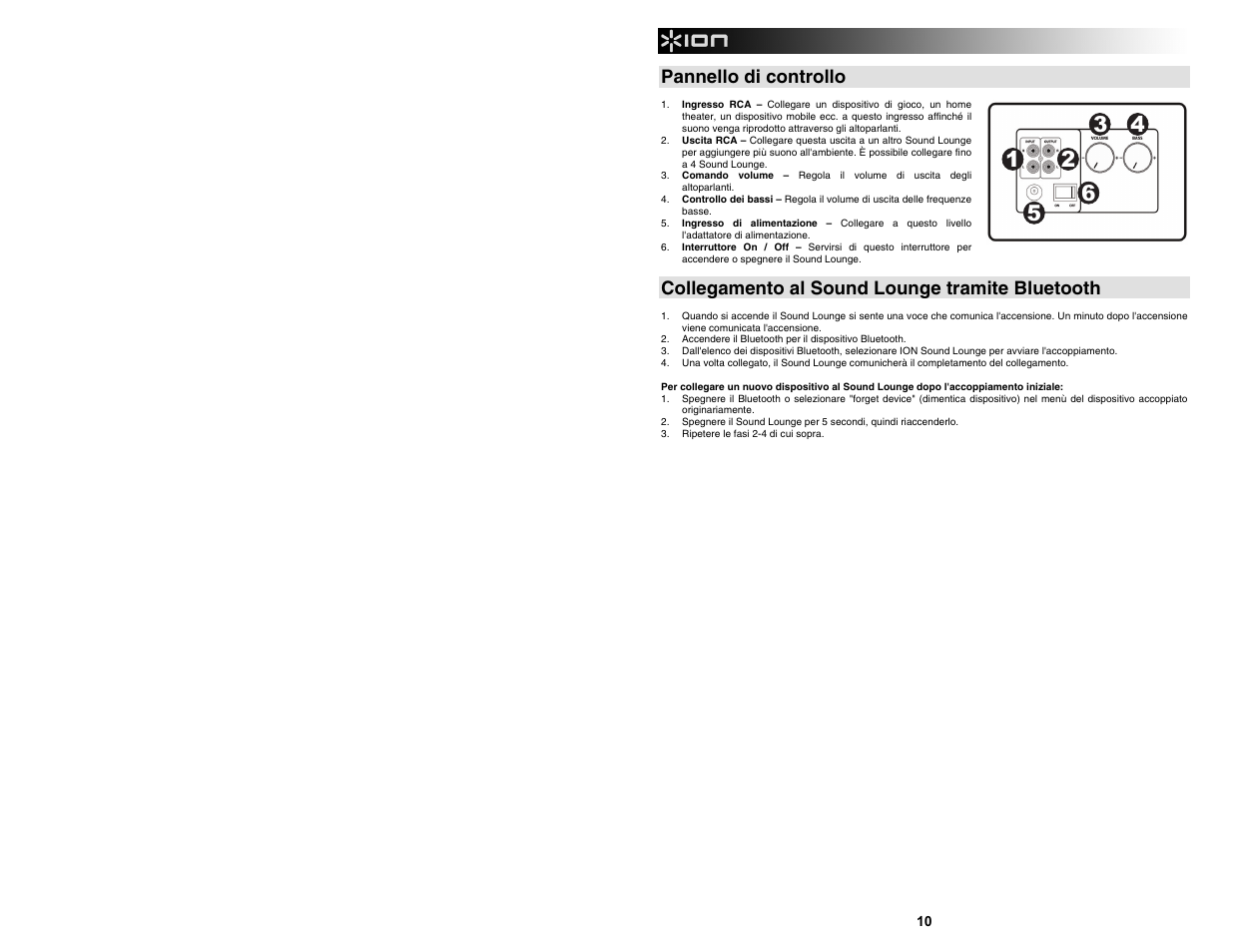 Pannello di controllo, Collegamento al sound lounge tramite bluetooth | ION Audio Sound Lounge User Manual | Page 10 / 16