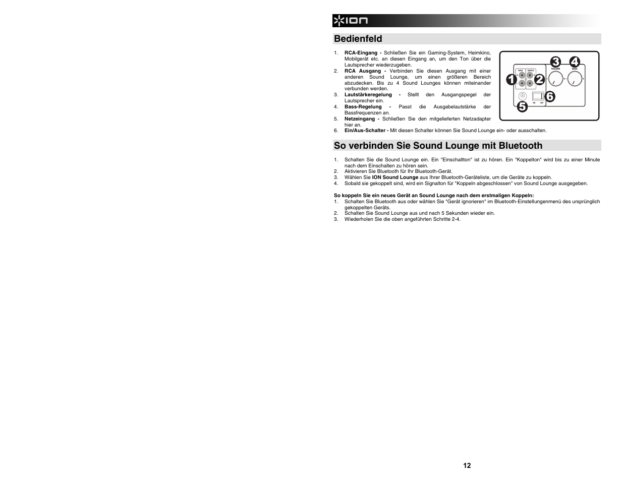 Bedienfeld, So verbinden sie sound lounge mit bluetooth | ION Audio Sound Lounge User Manual | Page 12 / 16