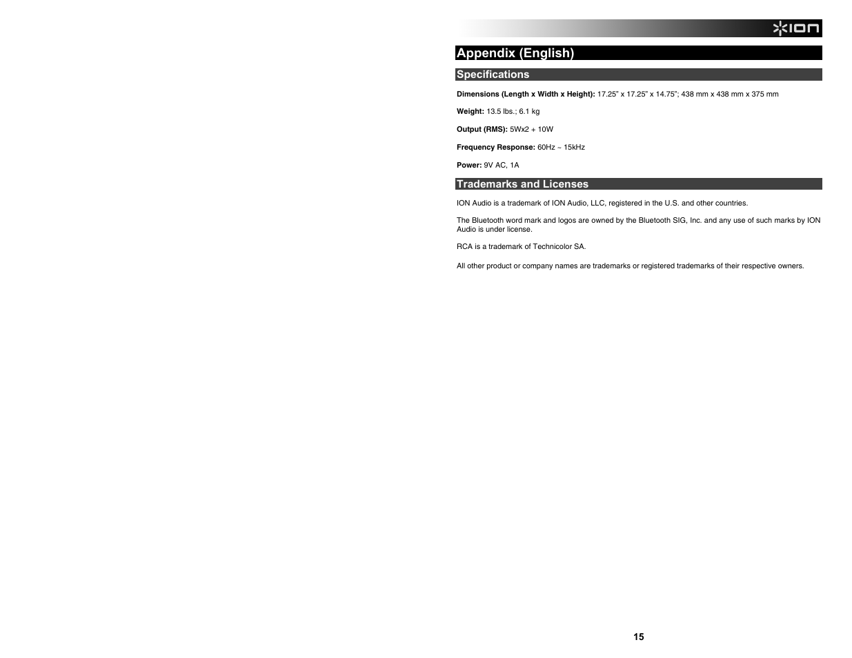Appendix (english) | ION Audio Sound Lounge User Manual | Page 15 / 16