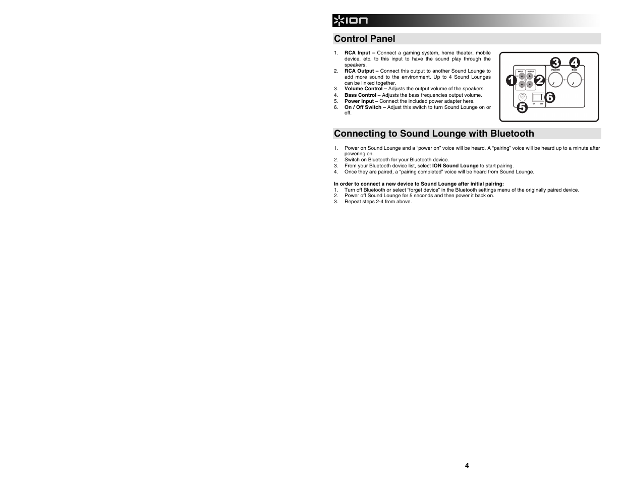 Control panel, Connecting to sound lounge with bluetooth | ION Audio Sound Lounge User Manual | Page 4 / 16