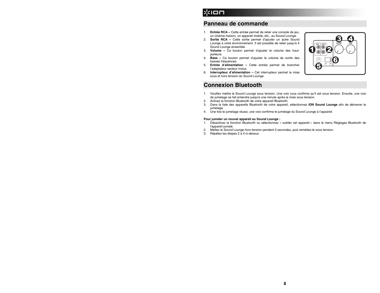 Panneau de commande, Connexion bluetooth | ION Audio Sound Lounge User Manual | Page 8 / 16