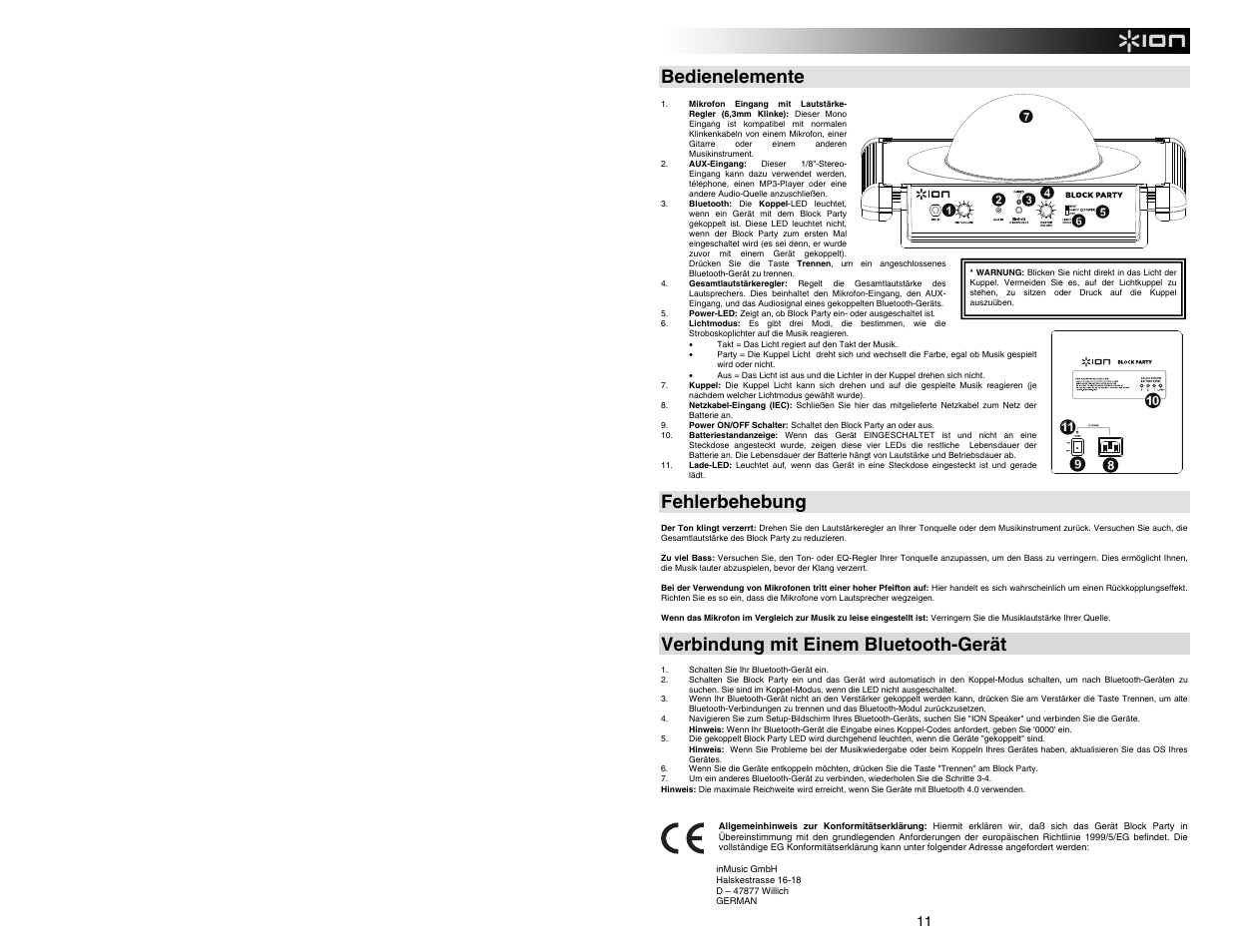 Bedienelemente, Fehlerbehebung, Verbindung mit einem bluetooth-gerät | ION Audio Block Party User Manual | Page 11 / 20