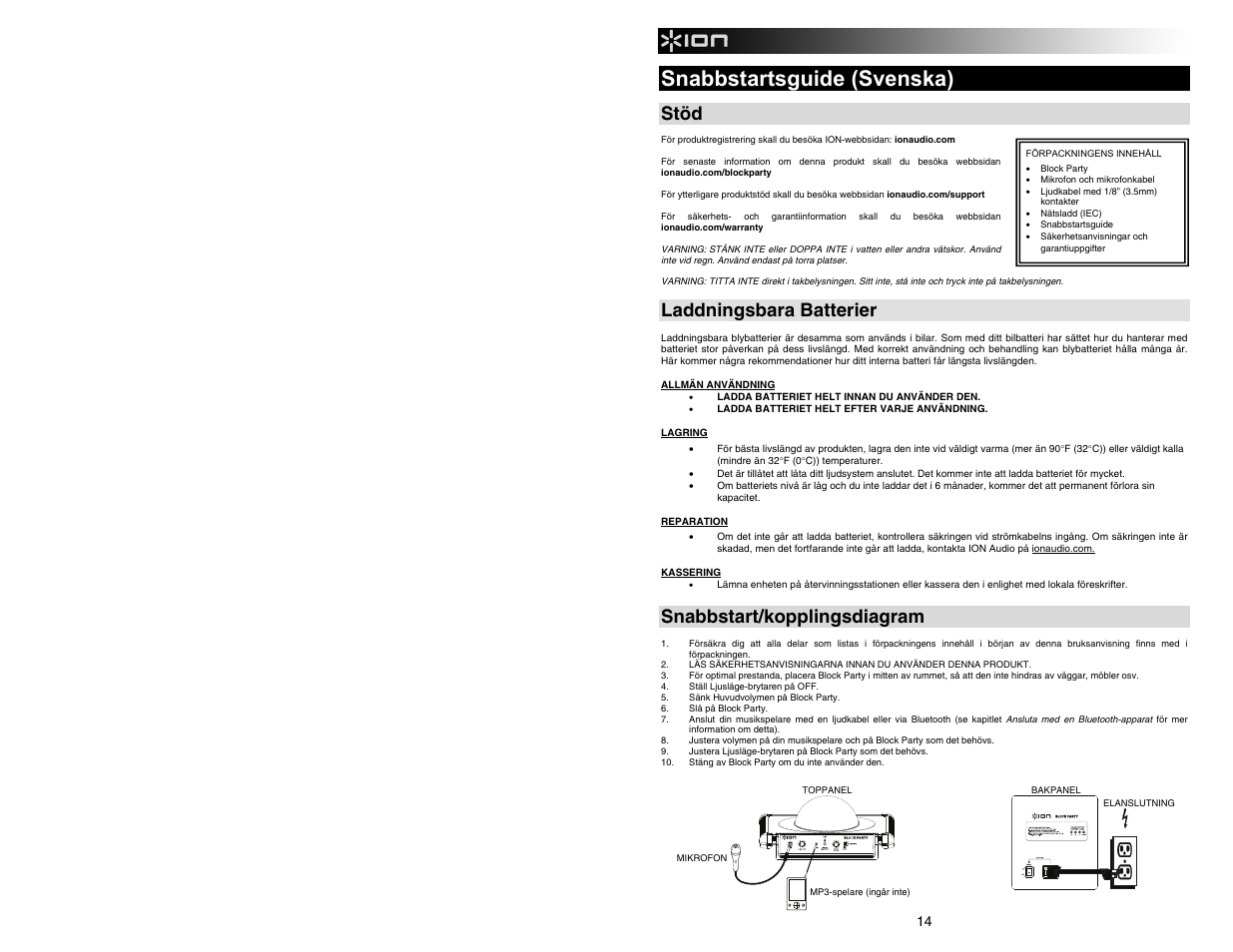 Snabbstartsguide (svenska), Stöd, Laddningsbara batterier | Snabbstart/kopplingsdiagram | ION Audio Block Party User Manual | Page 14 / 20