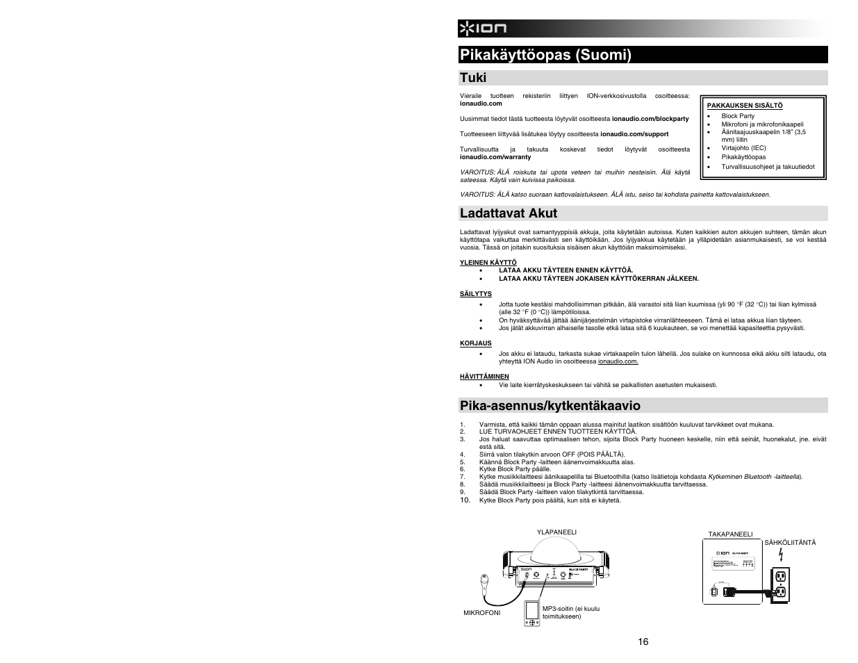 Pikakäyttöopas (suomi), Tuki, Ladattavat akut | Pika-asennus/kytkentäkaavio | ION Audio Block Party User Manual | Page 16 / 20