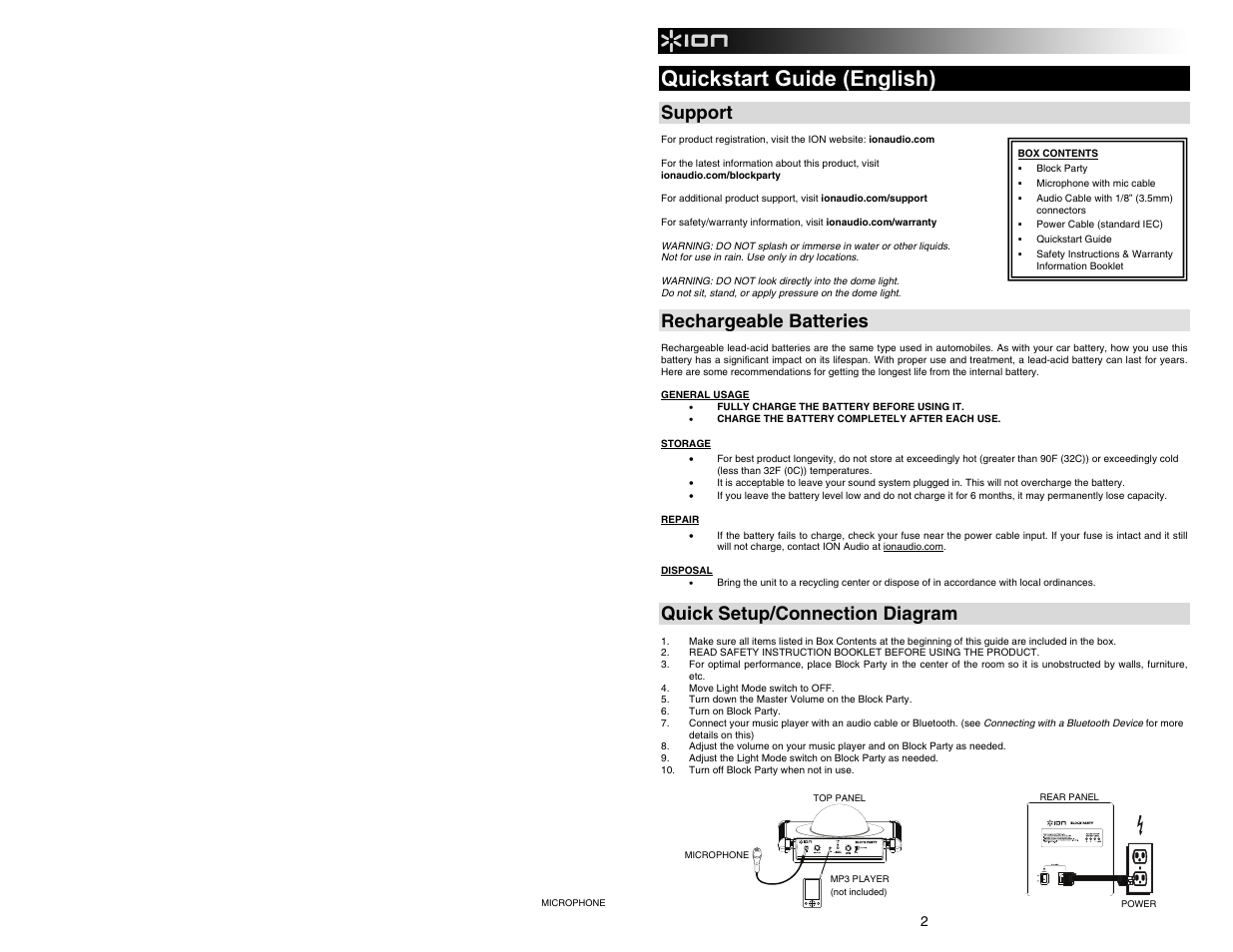 Quickstart guide (english), Support, Rechargeable batteries | Quick setup/connection diagram | ION Audio Block Party User Manual | Page 2 / 20