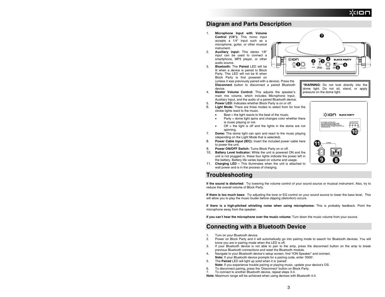 Diagram and parts description, Troubleshooting, Connecting with a bluetooth device | ION Audio Block Party User Manual | Page 3 / 20