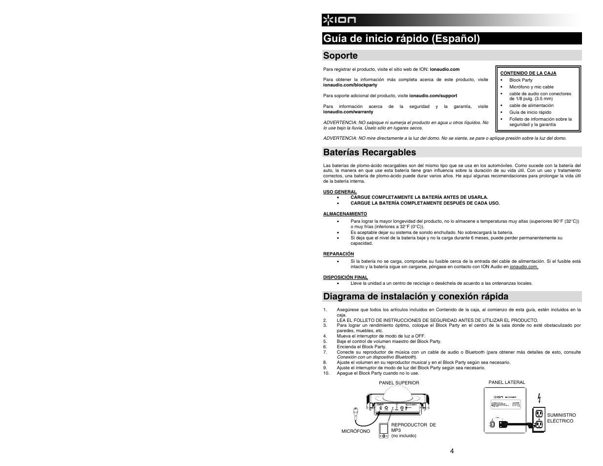 Guía de inicio rápido (español), Soporte, Baterías recargables | Diagrama de instalación y conexión rápida | ION Audio Block Party User Manual | Page 4 / 20