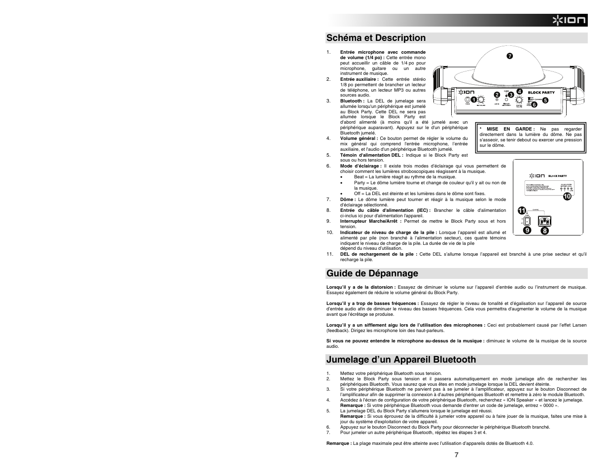 Schéma et description, Guide de dépannage, Jumelage d’un appareil bluetooth | ION Audio Block Party User Manual | Page 7 / 20