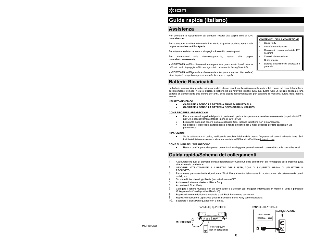 Guida rapida (italiano), Assistenza, Batterie ricaricabili | Guida rapida/schema dei collegamenti | ION Audio Block Party User Manual | Page 8 / 20