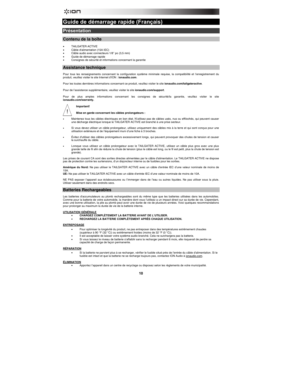 Guide de démarrage rapide (français), Présentation, Contenu de la boîte | Assistance technique, Batteries rechargeables | ION Audio Tailgater Active User Manual | Page 10 / 36