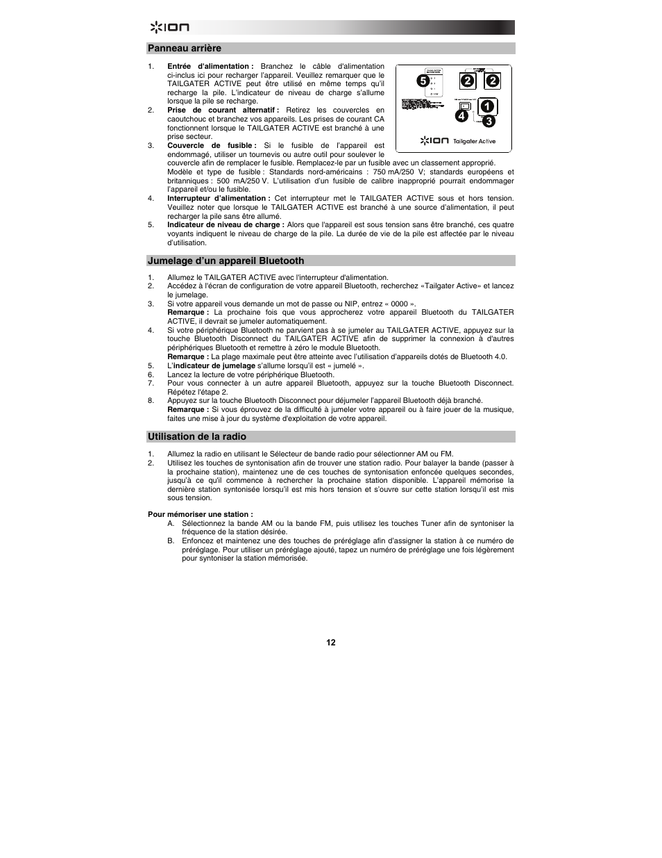 Panneau arrière, Jumelage d’un appareil bluetooth, Utilisation de la radio | ION Audio Tailgater Active User Manual | Page 12 / 36