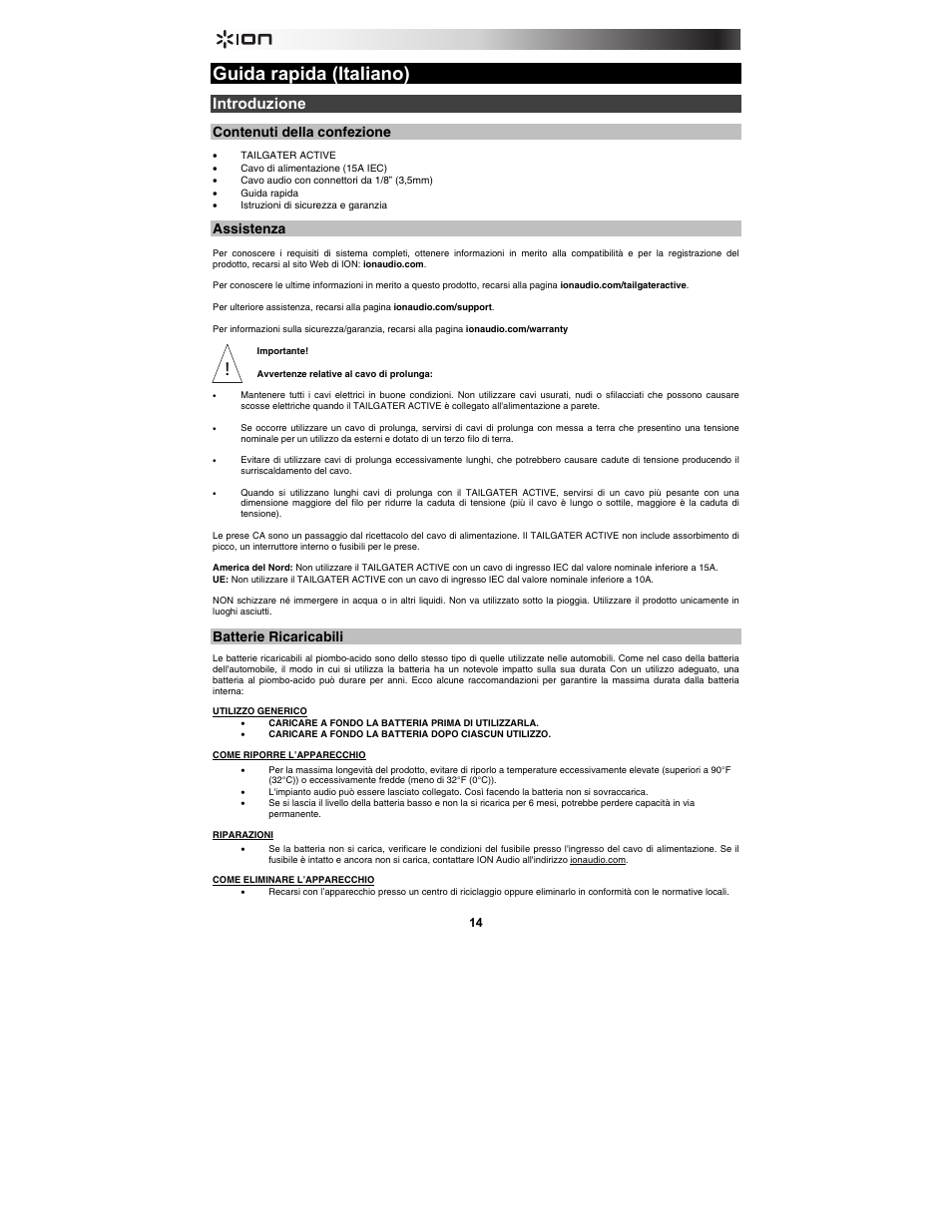 Guida rapida (italiano), Introduzione, Contenuti della confezione | Assistenza, Batterie ricaricabili | ION Audio Tailgater Active User Manual | Page 14 / 36