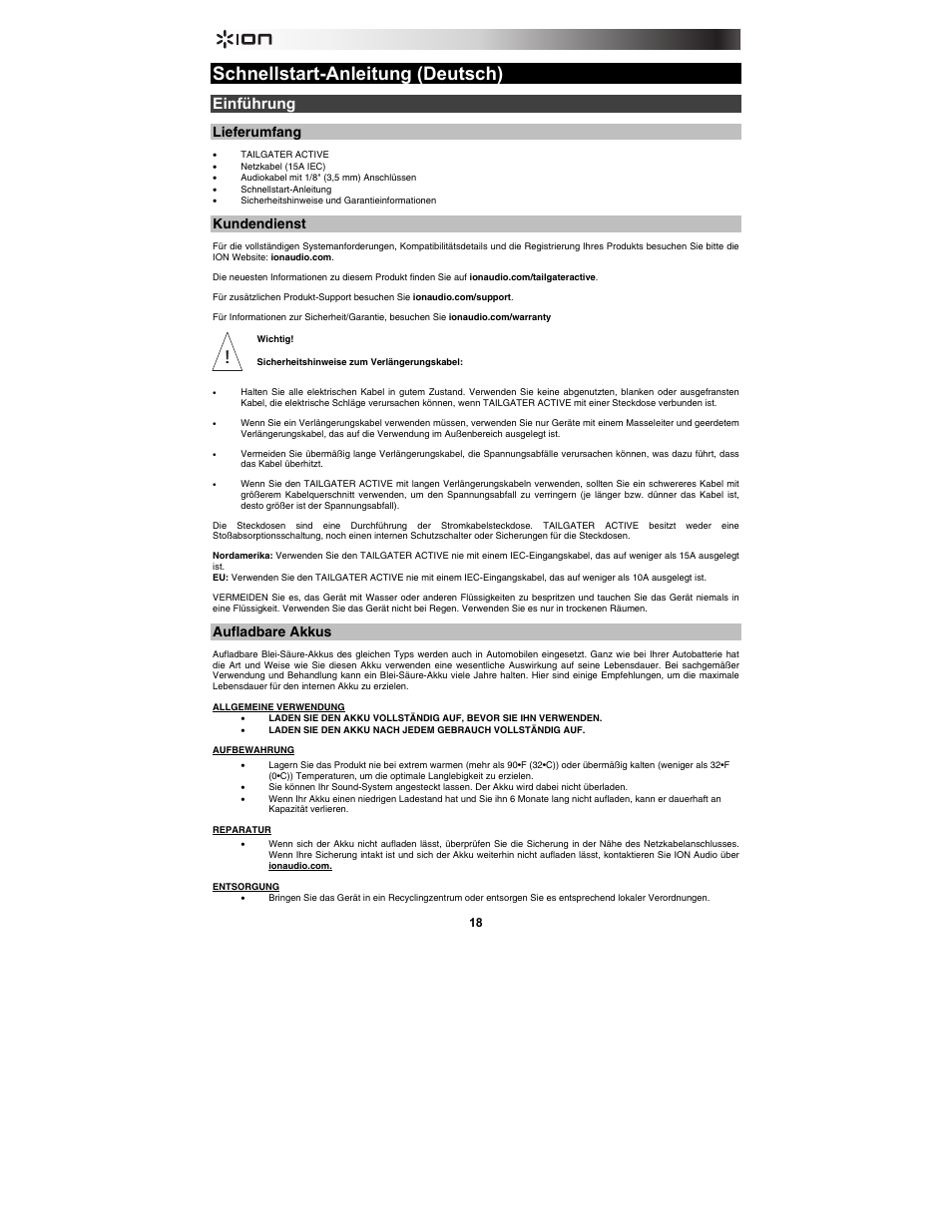 Schnellstart-anleitung (deutsch), Einführung, Lieferumfang | Kundendienst, Aufladbare akkus | ION Audio Tailgater Active User Manual | Page 18 / 36