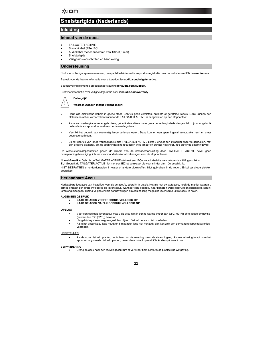 Snelstartgids (nederlands), Inleiding, Inhoud van de doos | Ondersteuning, Herlaadbare accu | ION Audio Tailgater Active User Manual | Page 22 / 36