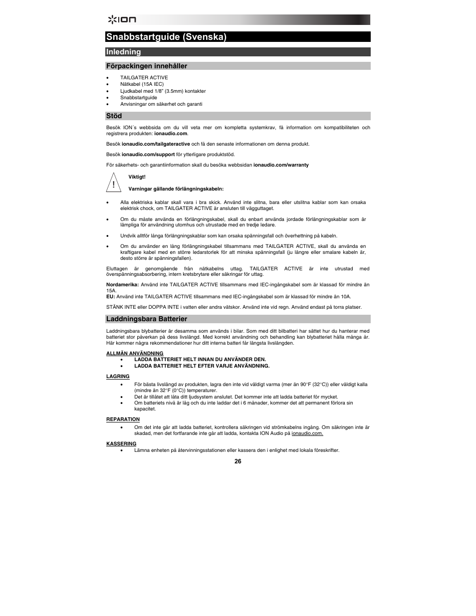 Snabbstartguide (svenska), Inledning, Förpackingen innehåller | Stöd, Laddningsbara batterier | ION Audio Tailgater Active User Manual | Page 26 / 36