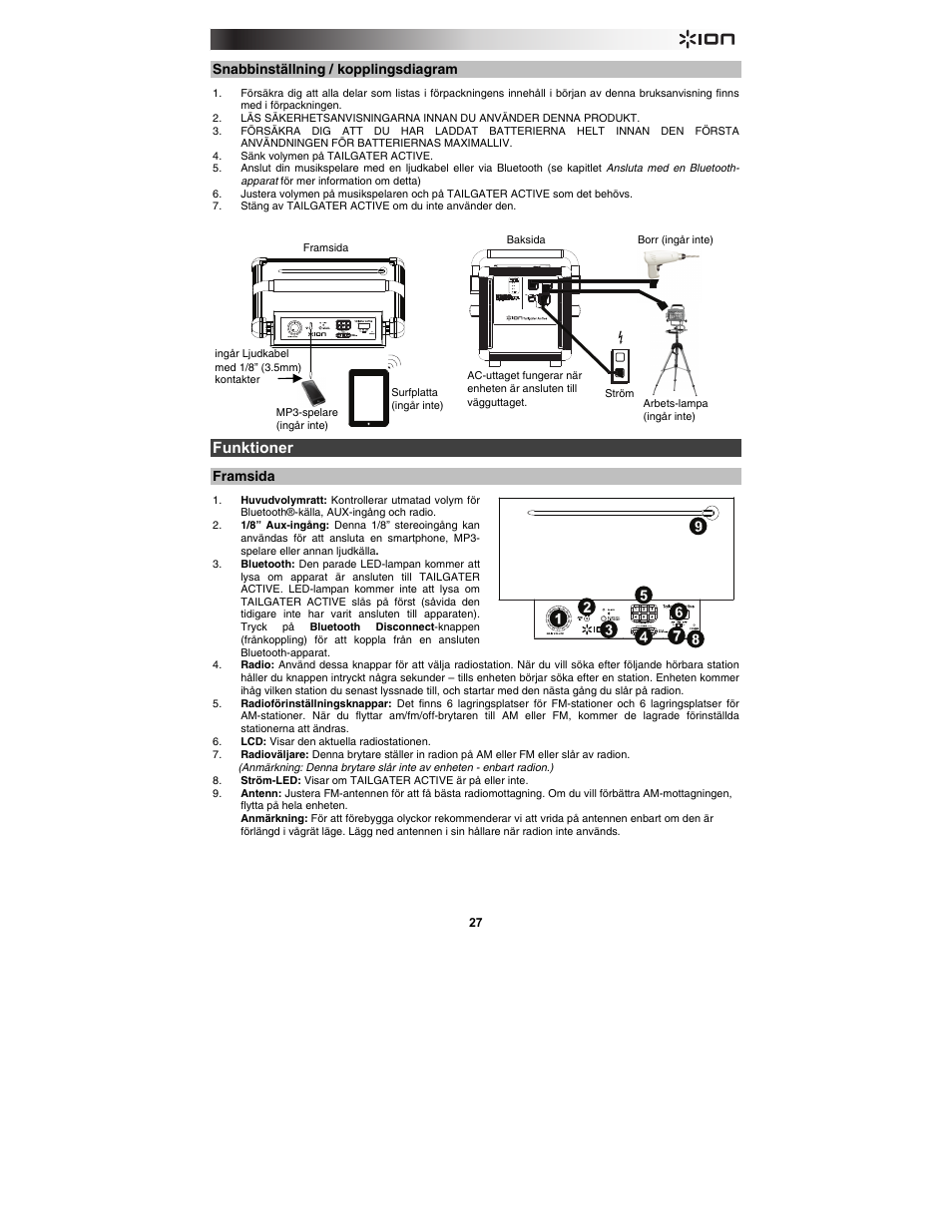 Funktioner | ION Audio Tailgater Active User Manual | Page 27 / 36