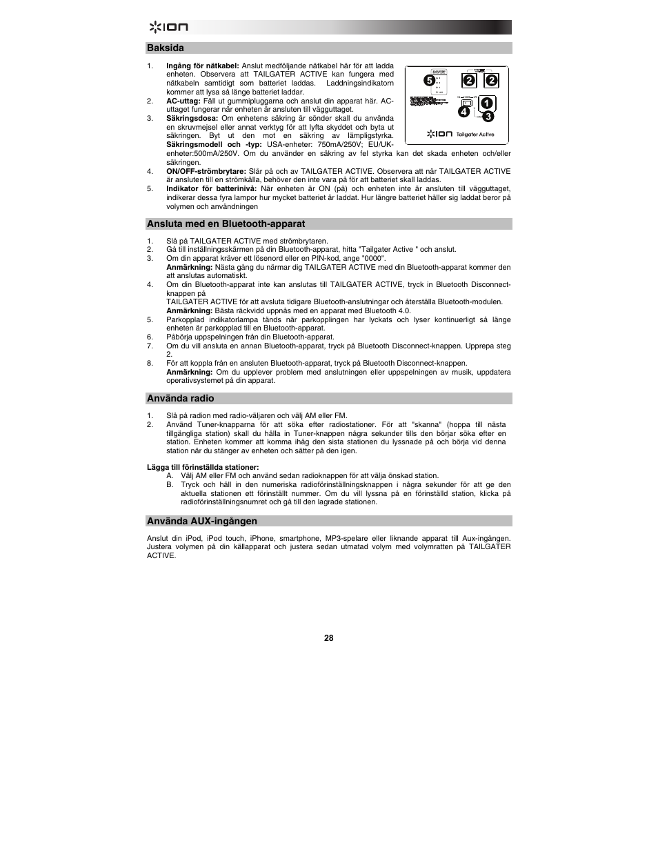 Baksida, Ansluta med en bluetooth-apparat, Använda radio | Använda aux-ingången | ION Audio Tailgater Active User Manual | Page 28 / 36