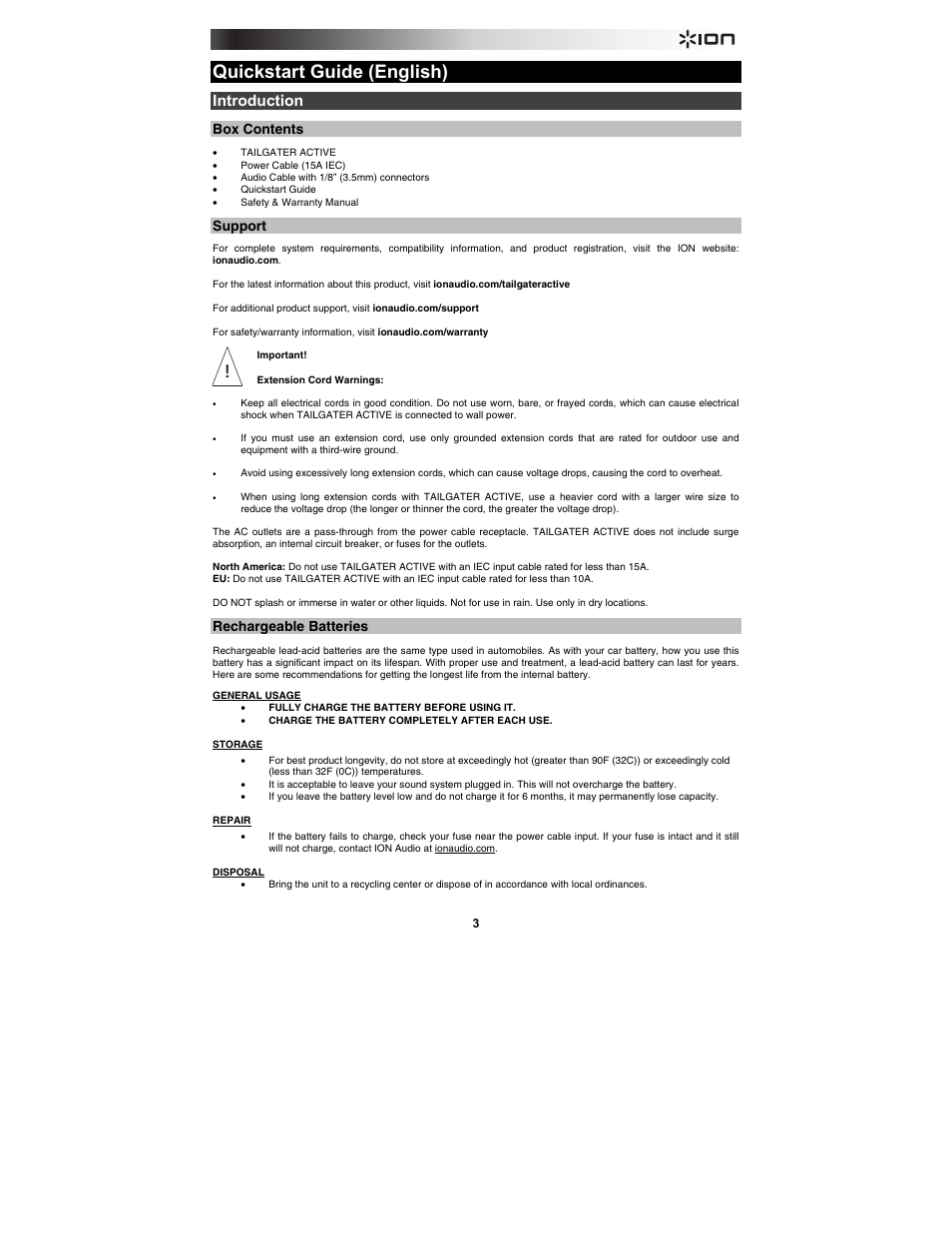 Quickstart guide (english), Introduction, Box contents | Support, Rechargeable batteries | ION Audio Tailgater Active User Manual | Page 3 / 36