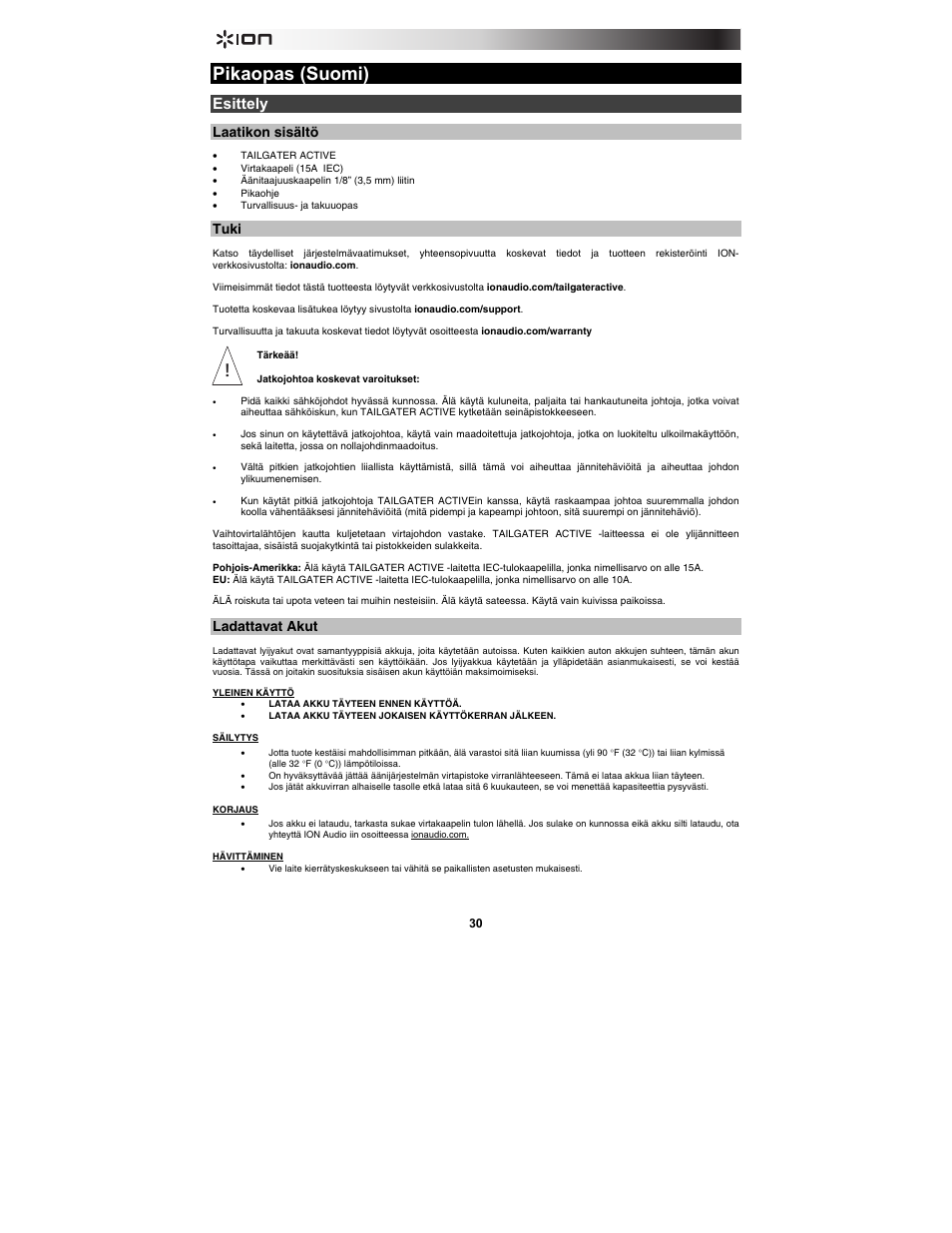 Pikaopas (suomi), Esittely, Laatikon sisältö | Tuki, Ladattavat akut | ION Audio Tailgater Active User Manual | Page 30 / 36