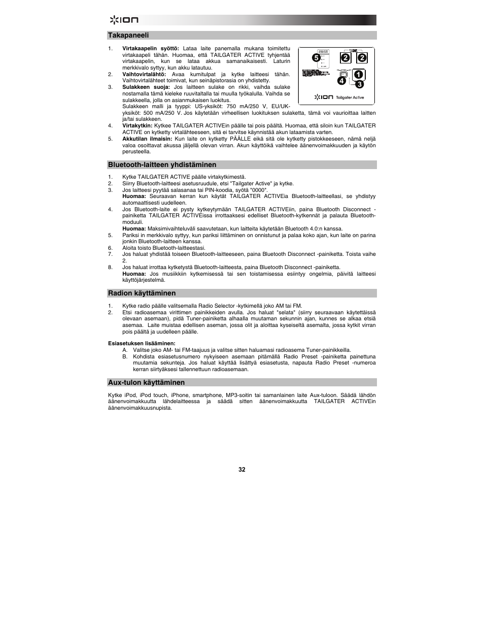 Takapaneeli, Bluetooth-laitteen yhdistäminen, Radion käyttäminen | Aux-tulon käyttäminen | ION Audio Tailgater Active User Manual | Page 32 / 36