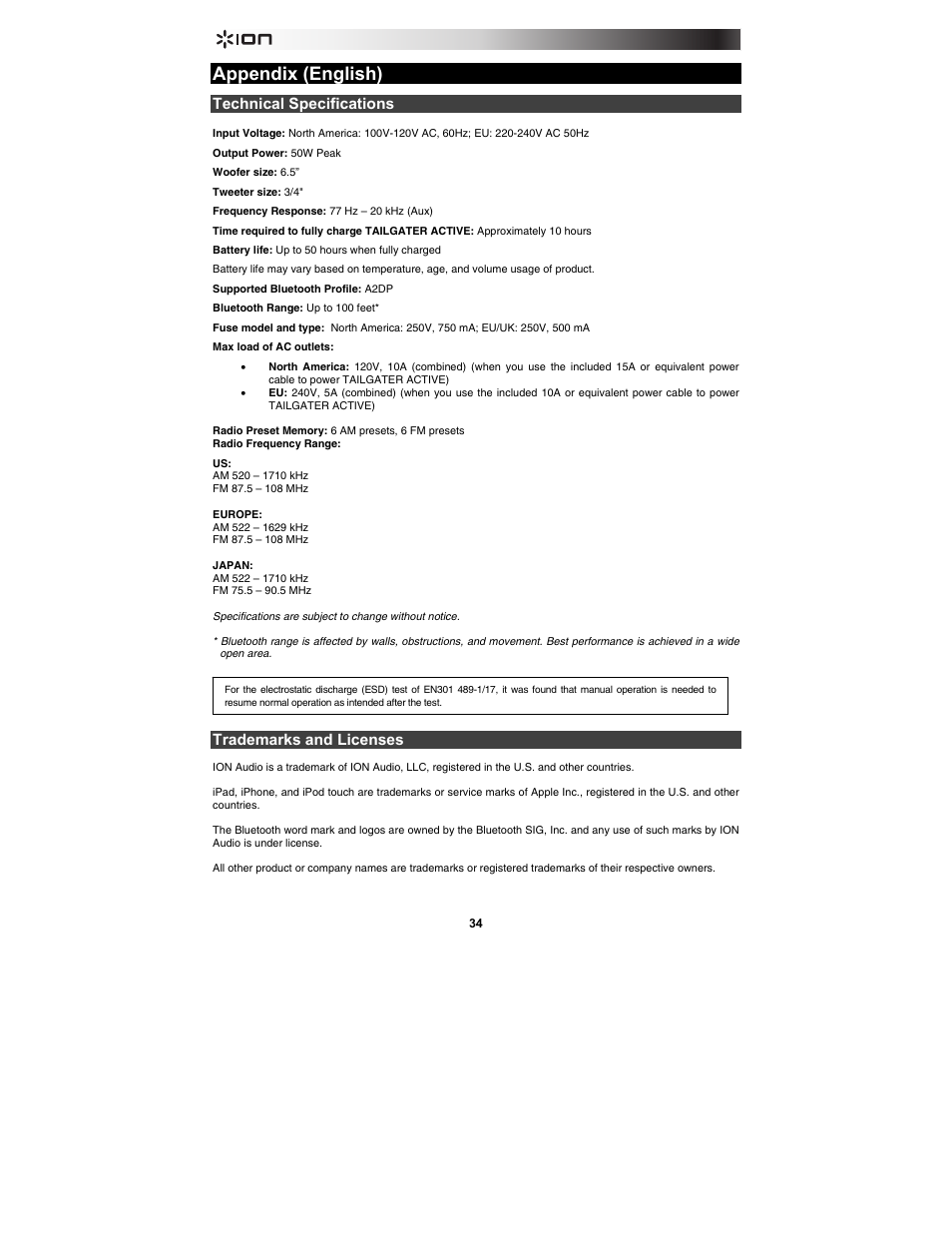 Appendix (english), Technical specifications, Trademarks and licenses | ION Audio Tailgater Active User Manual | Page 34 / 36