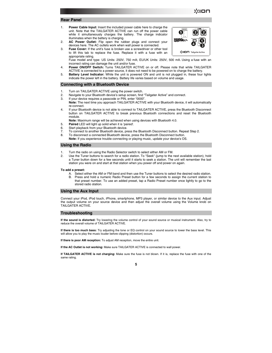 Rear panel, Connecting with a bluetooth device, Using the radio | Using the aux input, Troubleshooting | ION Audio Tailgater Active User Manual | Page 5 / 36