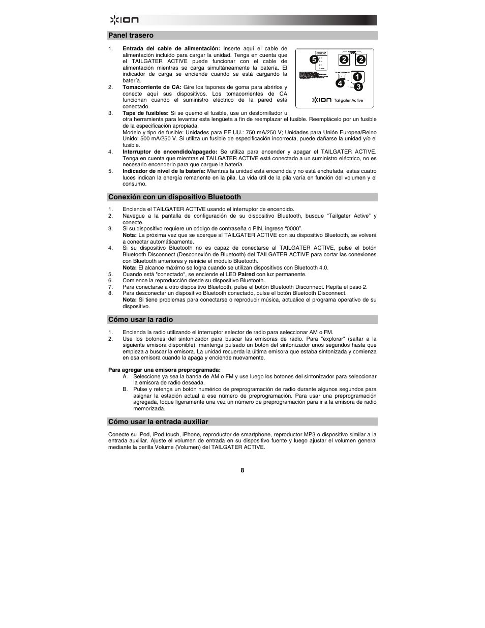 Panel trasero, Conexión con un dispositivo bluetooth, Cómo usar la radio | Cómo usar la entrada auxiliar | ION Audio Tailgater Active User Manual | Page 8 / 36