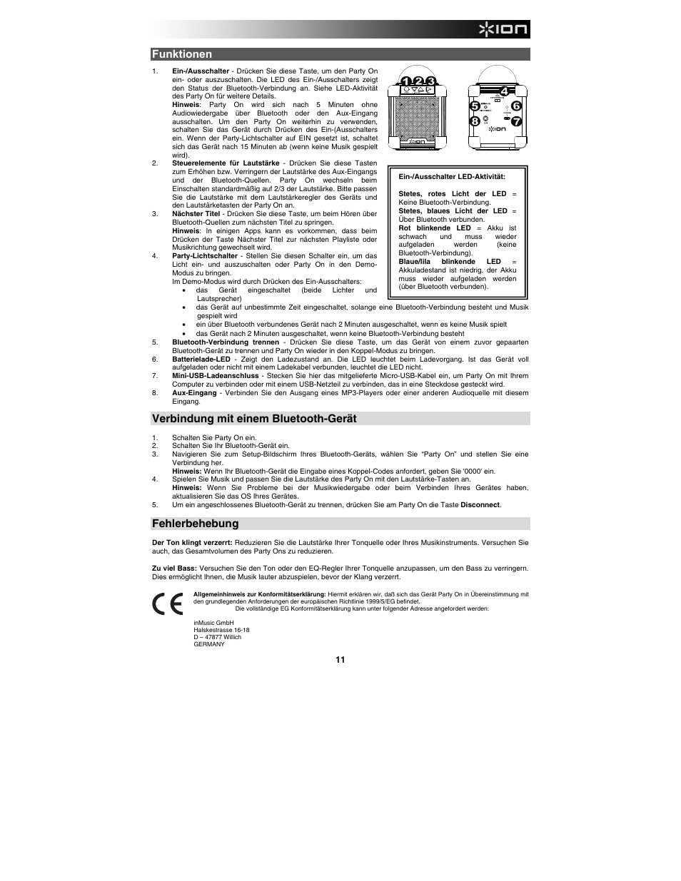 Funktionen, Verbindung mit einem bluetooth-gerät, Fehlerbehebung | ION Audio Party On User Manual | Page 11 / 20